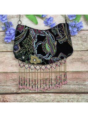 Mary Frances VTG Y2K Black Velvet Mini Bag Purse Bead Fringe Made in Philippines